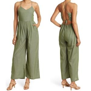 Melrose and Market Cutout Jumpsuit Sz XS Green Twill Cotton Tie Back Sleeveless